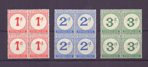 NYASALAND 1950 1d, 2d, 3d POSTAGE DUES SGD1-3 IN MH BLOCKS OF 4 CAT £169 Cover