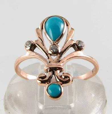9K 9CT ROSE GOLD PERSIAN TURQUOISE & DIAMOND LONG ART DECO INS RING FREE RESIZE - Image 1 of 4