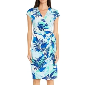Maggy London Women’s Printed Matte Jersey Wrap Dress, Sky Blue/Navy, Size 0 - Picture 1 of 5