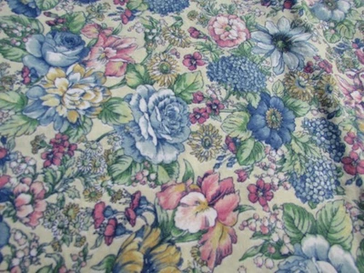 VTG Joan Kessler Concord Fabrics Beige Blue Yellow Green Flowers Fabric 2 yd Cut - Image 1 of 4