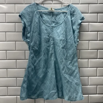 Camiseta sin mangas larga EILEEN FISHER Bayberry azul 100 % lino gasa cuello redondo talla 2XL Foto 1 de 4
