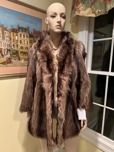29" Hip Length Real Silver Brown Raccoon Fur Coat Jacket Size 6/8 Petite USA - Picture 1 of 8