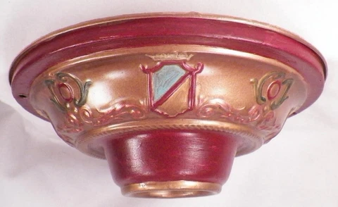 Art Deco Ceiling Lamp Fixture Pressed Brass Blue Gold Shields Burgundy Bands Cover