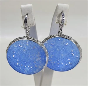 ORECCHINI IN ARGENTO 925 CON ZIRCONI E GIADA BLU TONDA PENDENTI AGHT 0307 - Foto 1 di 3
