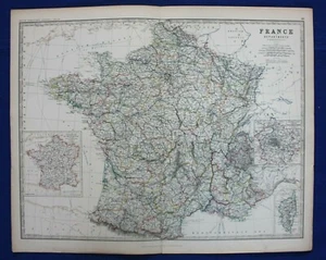 Große original antike Landkarte FRANKREICH IN DEPARTEMENTS, PARIS, A.K. Johnston, 1886 - Bild 1 von 6