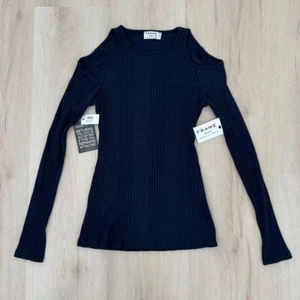NWT! FRAME Variegated-Rib Cold-Shoulder Long-Sleeve Top size Large Navy Blue - Picture 1 of 12