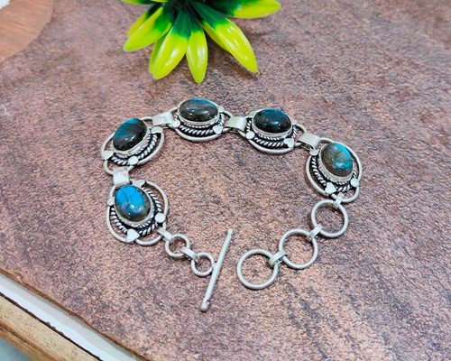 VALENTINO Bracciale Labradorite Fatto a Mano Designer Argento Sterling 925 Pollici 7 5
