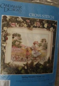 STAMPED Cross Stitch KIT SPRING MEADOWS scene Girls Garden - Picture 1 of 3
