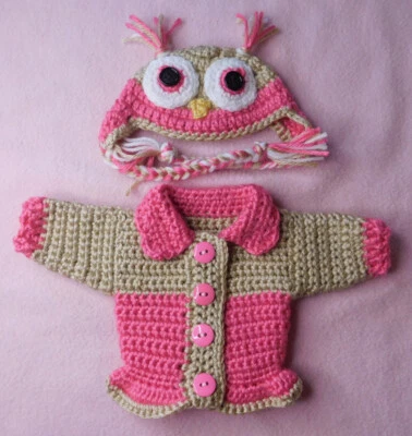Trajes de ropa para muñecas, suéter de ganchillo, suéter y sombrero de búho rosa para muñeca de 14,5" Foto 1 de 4