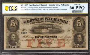 1857 $5 WESTERN EXCHANGE BISHOP HILL OBSOLETE REMAINDER OMAHA NE PCGS 66 (160) - Picture 1 of 2
