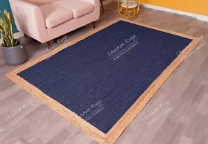 Navy Blue Rectangle Jute Rug With Beige Border Rug, Hand Braided Home Décor Rug - Picture 1 of 10