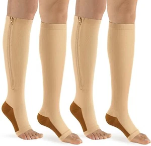 Zipper Compression Socks Women & Men - 2Pairs Calf Knee High 15-20mmHg Open T... - Picture 1 of 6
