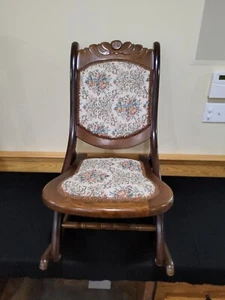 Vintage Victorian Embroidered Floral Tapestry Carved Wood Folding Rocking Chair - Picture 1 of 22
