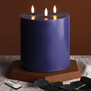 Marineblaue 3 Docht flammenlose Stumpenkerze Φ 6" H 6", riesiges Echtwachs flackernd... - Bild 1 von 7