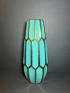 Apropos Home Collection Art Deco Turquoise & Gold Faceted Large Ceramic Vase 14" - Picture 1 of 6