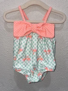 Flamingo Swimsuit w/Bow Infant Baby Girl 3-6 Months Polka Dots & Flamingos - Picture 1 of 8