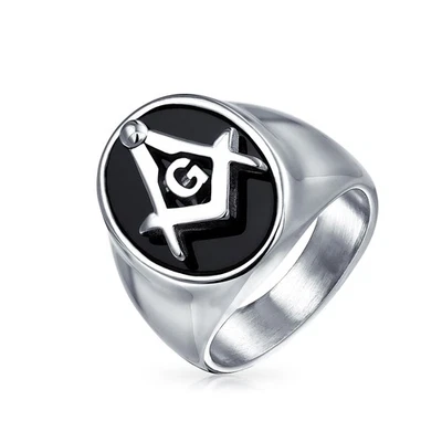 Anillo de sello masónico ovalado negro de acero inoxidable Secret Society para hombre tono plateado Foto 1 de 4