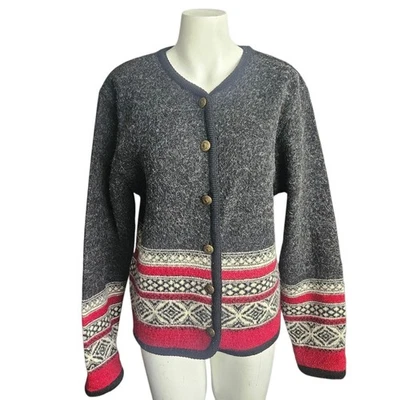 Tally-Ho Gray Red 100% Wool Fair Isle Cardigan Sweater Med Vintage Grannycore - Image 1 of 4