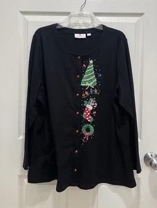 QUACKER FACTORY Women 2X Christmas Cardigan Rhinestone Snap Front Embroidered - Picture 1 of 7