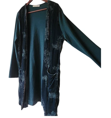 Love Johnny Was Embroidered Green Velvet Burnout Cardigan Duster Womens L Hippie - Image 1 of 4
