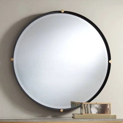 Uttermost Ronson 34" Gold and Matte Black Round Wall Mirror - Image 1 of 4