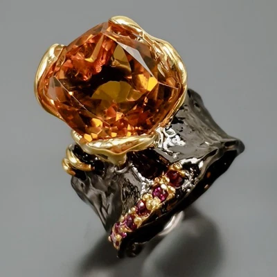 Antiguo anillo de cuarzo citrino natural de 14 quilates de plata de ley 925 talla 7/R430414 Foto 1 de 4