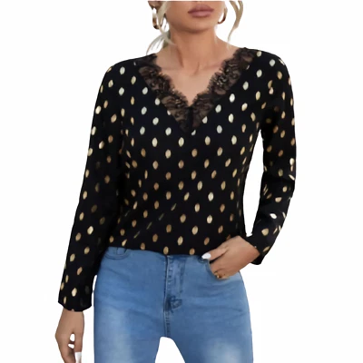 Top Sexy Lunares Dorados Encaje Negro Semitransparente Manga Larga Cuello En V - Imagen 1 de 4