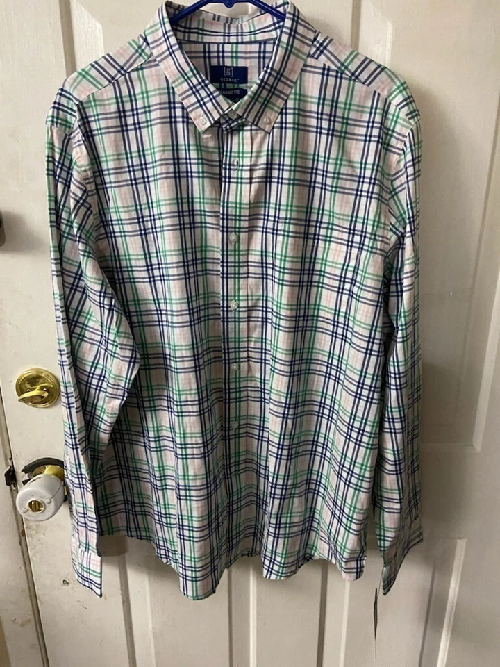 George Men's L (42-44) Long Sleeve Poplin Button-Up Shirt pink Plaid green