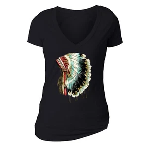 Womens Native American Indian Chief Headdress Bonnet Warrior V-Neck T-Shirt - Picture 1 of 6