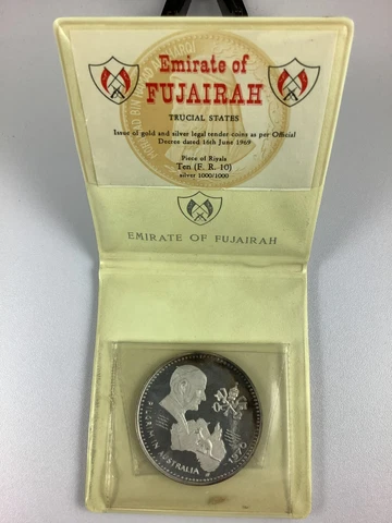 1970 Fujairah 10 riyals Pilgrim in Australia proof silver coin Cover