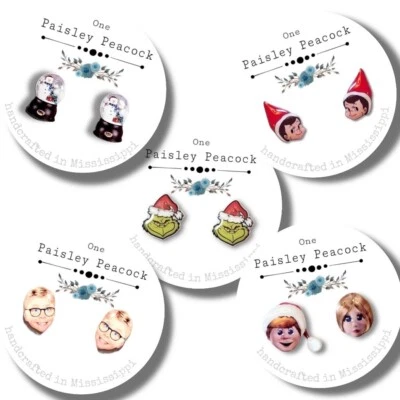 CHRISTMAS STUD EARRINGS -One Paisley Peacock-CANDY CANE-CHRISTMAS TREE-SNOW - Image 1 of 4
