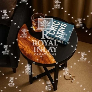 12" Modern Black Resin & Natural Wood Accent Table|Round Minimalist Coffee Table - Picture 1 of 15