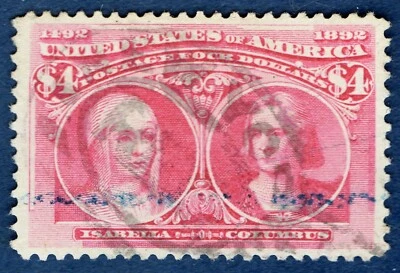 [st7021] USA 1893 Scott#244 used $4 crimson lake “Isabella and Columbus” cv:$975 - Image 1 of 2