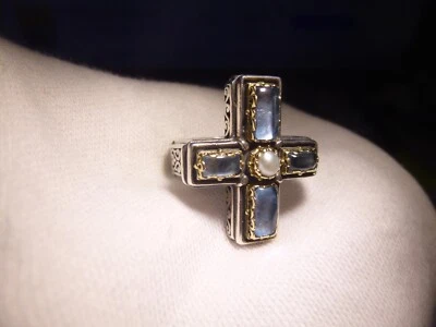 Konstantino 18k Silver Pearl and Cabochon Blue Topaz Cross Ring - Image 1 of 4