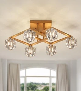 AMZASA Modern Crystal Chandelier,Gold Semi Flush Mount Ceiling Light Antique ... - Picture 1 of 9