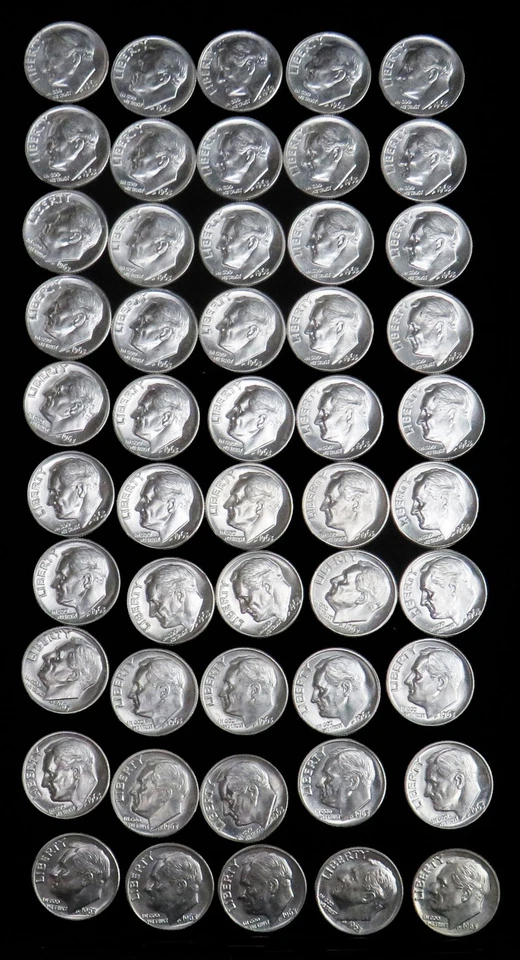 ROLLO ORIGINAL (50) DE MONEDAS DE DIEZ CENTAVOS ROOSEVELT DE PLATA 1963 D ESTADOS UNIDOS COMO NUEVAS MONEDAS Foto 1 de 1