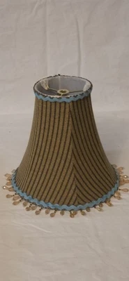 Boho Beaded Lamp Shade Vintage Style Brown Striped Fabric with Fringe 9” - Image 1 of 4