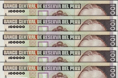 Peru 100000 INTIS P-145 1989 x 10 Pcs Lot BUNDLE Lake Titicaca Boat UNC BANKNOTE - Image 1 of 4