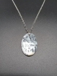 Dendritic Agate Cabochon Pendant Necklace 23" Long Sterling Silver Chain - Picture 1 of 1