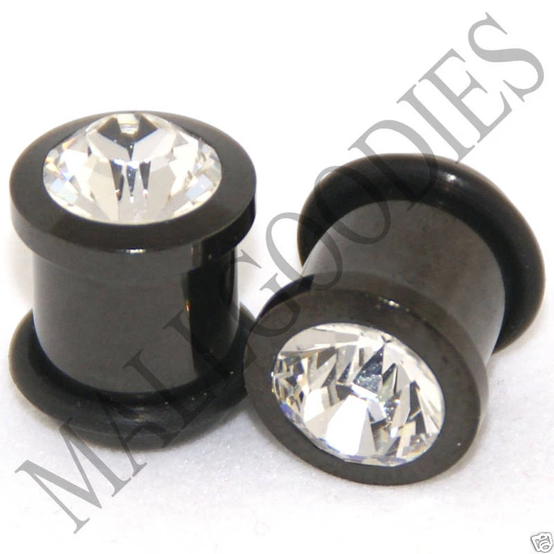 0320 Tapones para los oídos retenedores de gemas de cristal facetado transparente sólido negro calibre 00G 10 mm Foto 1 de 1