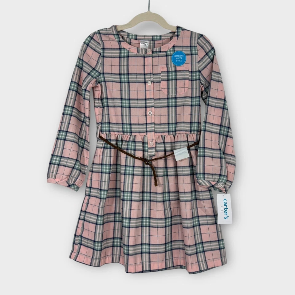Carter’s Kid Little Girl 尺码 5 粉色灰色格子斜纹腰带衬衫连衣裙新品 — 第 1/4 张图片