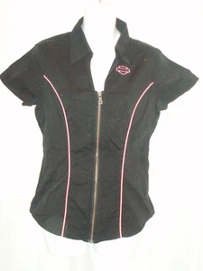 HARLEY DAVIDSON Pink Label ZIP FRONT Kurzarm Hemd SCHWARZ mit PINK Größe SMALL - Bild 1 von 5