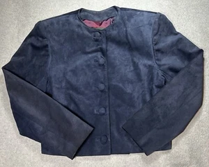 Vtg Bushwacker Jacket Womens M Suede Leather Navy Blue Lined Buttons USA Soft - Picture 1 of 14