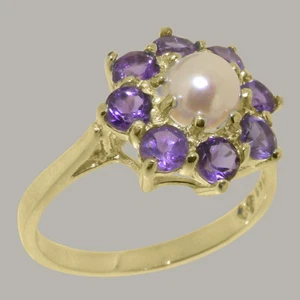 Solid 18k Yellow Gold Pearl & Amethyst Womens Cluster Ring - Sizes 4 to 12 - Picture 1 of 5