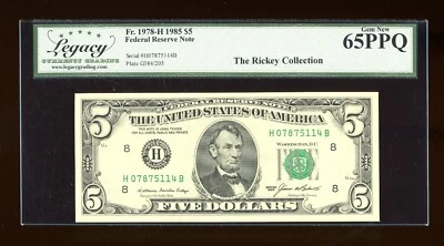 DBR 1985 $5 FRN St. Louis Gem Fr. 1978-H Legacy 65 PPQ Serial H07875114B - Image 1 of 2