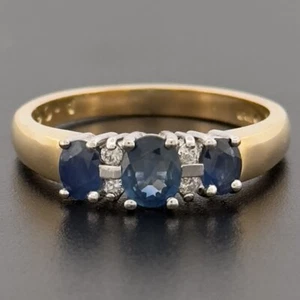 18ct Yellow Gold Sapphire & Diamond Three Stone Cluster Ring Size N Hallmarked - Picture 1 of 9