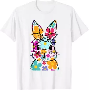 Happy Easter Bunny Daisy Floral Easter Rabbit Face Women Kid T-Shirt Hoodie - Picture 1 of 11
