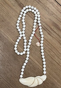 Vtg 32” Milk Glass Bead Knotted Necklace Faux Ivory Carved Pendant New Old Stock - Picture 1 of 10