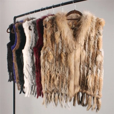 Women's Real Rabbit Fur Vest Gilet Tassels Raccoon   Coat Knitted Waistcoat N0 - Image 1 of 4