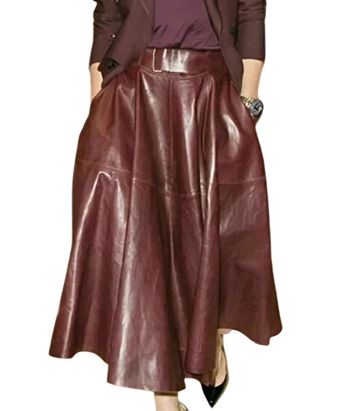 Women's 100% Genuine Lambskin Real Leather Burgundy Long Skirt Flare Belted - Image 1 of 4